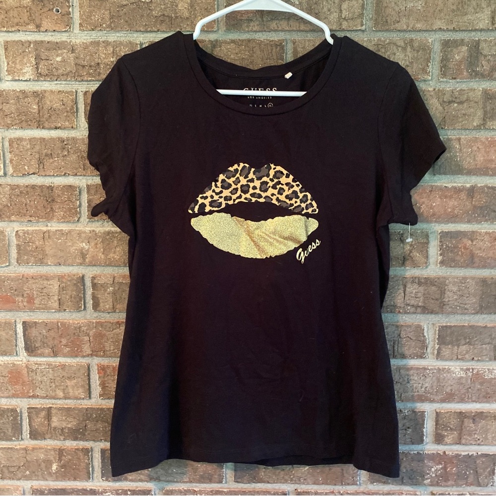 Guess Black Tee with Gold Leopard Print